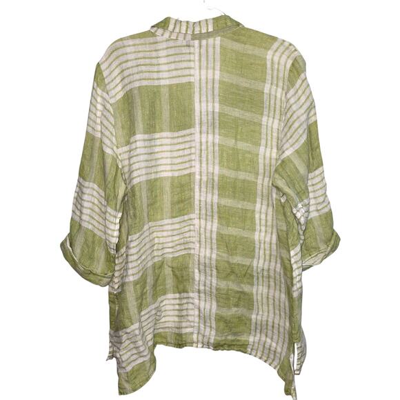 Habitat Plaid Button Front Blouse Linen Rolled Sleeves Green Lagenlook Swing XL - Picture 2 of 8